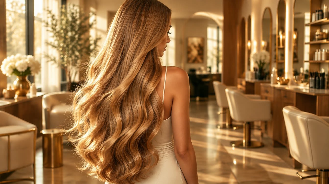 Melena larga y brillante con extensiones en el salón